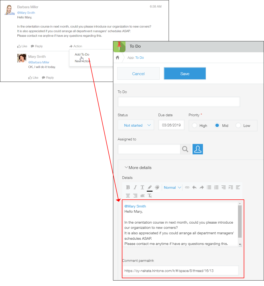 Screenshot: Example of using a thread action to copy a comment to an app record